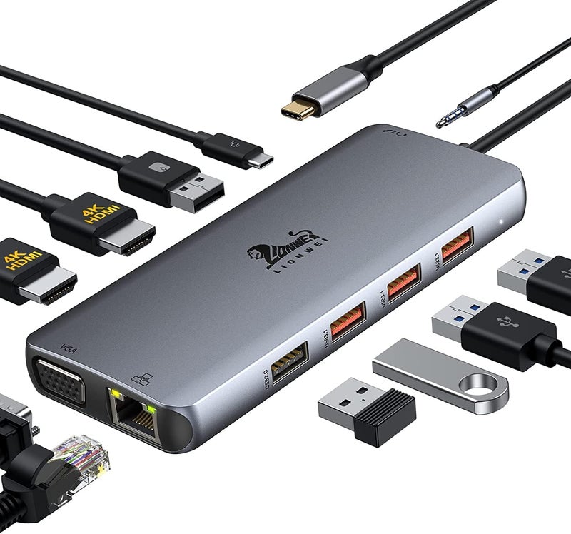 LIONWEI محطة إرساء لابتوب بشاشة مزدوجة، 11 في 1 إلى 4K HDMI، VGA، إيثرنت جيجابت، 3 USB 3.1 10G، 2 USB 2.0، 87W PD، صوت لدل/سيرفيس/HP/لينوفو لابتوبات - Image 1